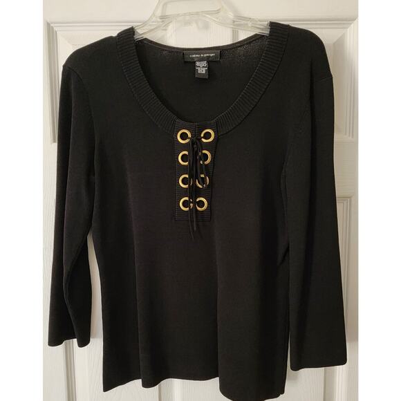 SWEATER/TOP-BLACK CABLE & GAUGE-Black Knit-Gold Rivets-Lace Up-SIZE M - Picture 1 of 11